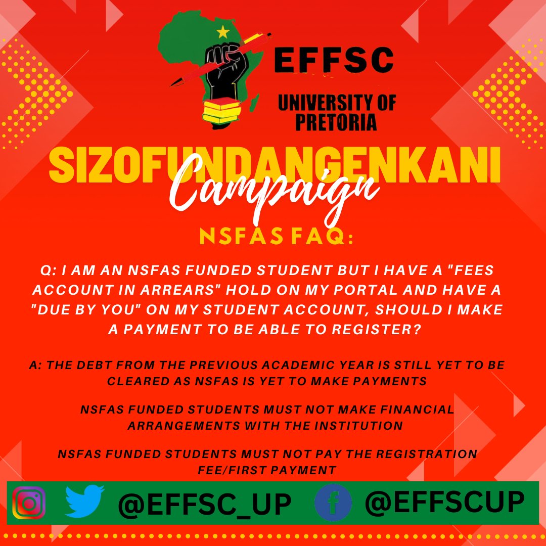 EFFYC_UP's tweet photo. ♦️♦️♦️MUST READ♦️♦️♦️
The EFFSC UP's FAQ answers on NSFAS
Victory is certain ♥️
#YouKnowWhereTheSolutionIs #UmsebenziWethu
#EFFSCUP
#EFFREDFRIDAY #SizofundaNgenkani #EFFTurns10 https://t.co/ZR0gTBsES1