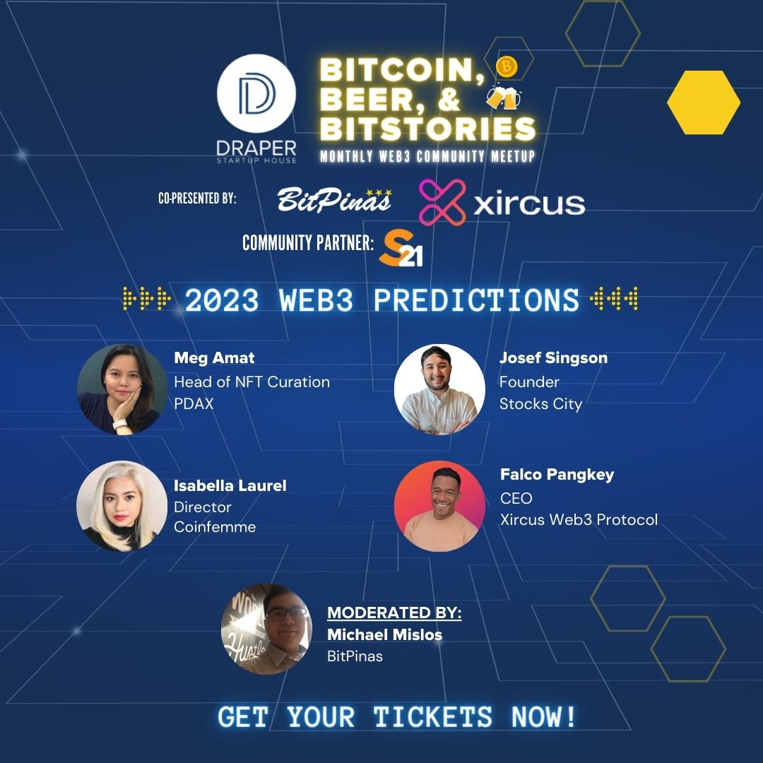 Let's talk about web3 predictions in the first Bitcoin, Beer, &amp; Bitstories this 2023 at @dshmanila!  bitpinas.com/event/bitcoin-… 

W/ frens
<a href="/Meg_Amat/">Meg Amat</a> <a href="/pdaxph/">PDAX</a>
Josef Singson <a href="/brosefjosef/">brosef</a> 
Isabel Laurel <a href="/CoinFemme/">₿elle CBE™ , CSPO®, PSC™</a>
Falco Pangkey <a href="/XircusWEB3/">Xircus</a>
<a href="/mmichaels_21/">Michael Mislos | BitPinas</a> <a href="/bitpinas/">BitPinas</a>

Pitch by <a href="/mymetacare/">MetaCare</a>