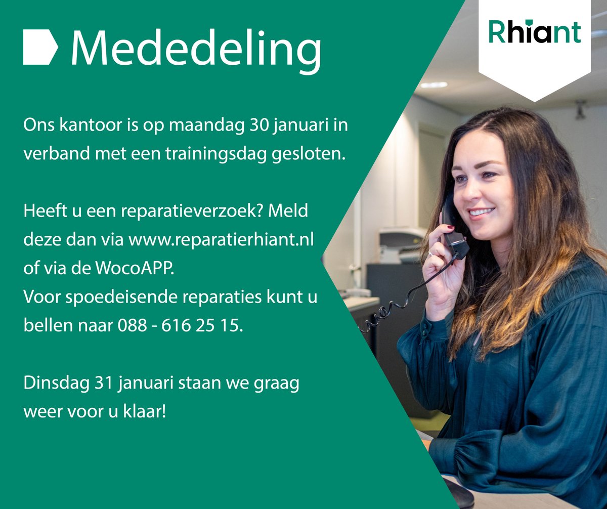 Het kantoor van Rhiant is op 𝐦𝐚𝐚𝐧𝐝𝐚𝐠 𝟑𝟎 𝐣𝐚𝐧𝐮𝐚𝐫𝐢 gesloten in verband met een trainingsdag. Wij staan op  𝐝𝐢𝐧𝐬𝐝𝐚𝐠 𝟑𝟏 𝐣𝐚𝐧𝐮𝐚𝐫𝐢 weer graag voor u klaar!