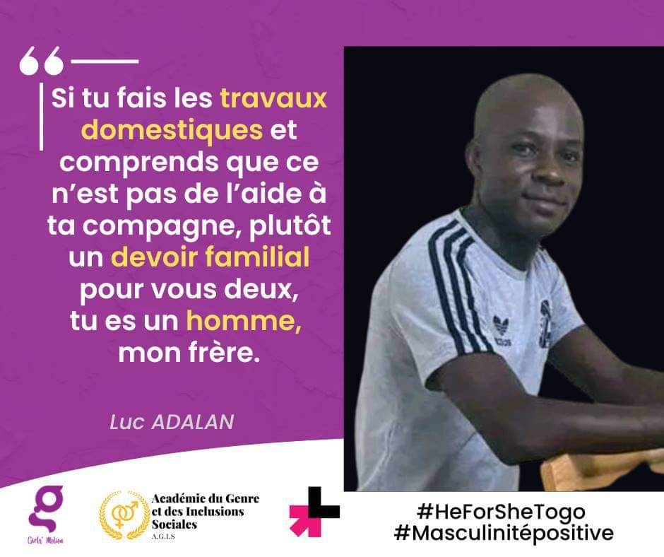 girlsmotiontogo's tweet photo. Campagne digitale de promotion de la masculinité positive 

'' Si tu fais les travaux domestiques et comprends que ce n'est pas de l'aide à ta compagne, plutôt un devoir familial pour deux, tu es un homme mon frère.'' 
Luc ADALAN https://t.co/Lh2B8UDHX8