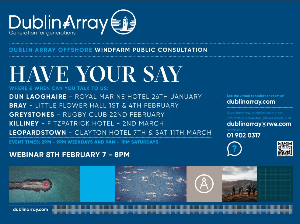 DublinArray's tweet image. Our Public Consultation is starting off this Thursday 26 January,2pm until 9pm, in the Royal Marine Hotel. Come and see our project and talk to our team if you have any questions or views on our project. For more info on how to contact us see our website dublinarray.com
