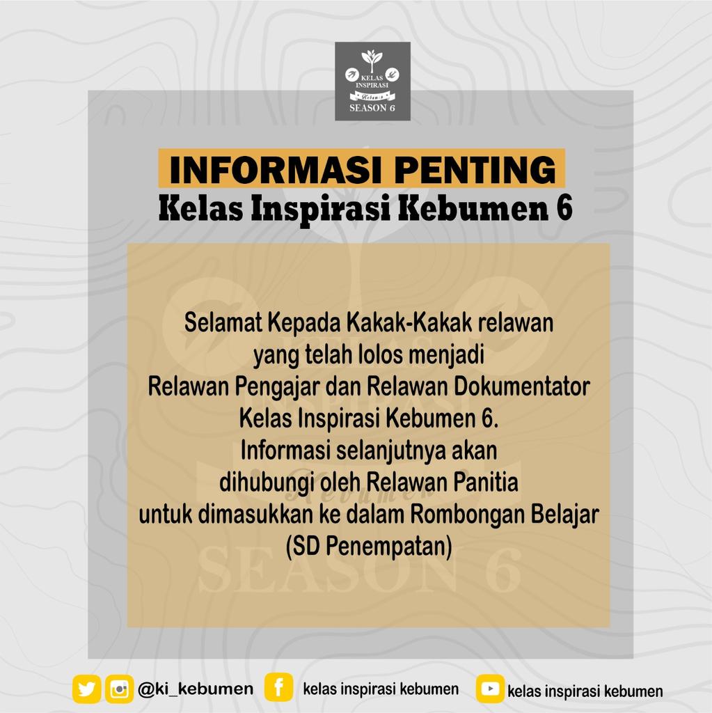 Salam Inspirasi

Selamat kepada Relawan Dokumentasi Kelas Inspirasi Kebumen #6 terpilih. Selanjutnya, kakak akan dihubungi oleh panitia untuk dimasukan ke grup rombel masing-masing. Sampai jumpa di Kebumen 🤗
✨Menapak batu harapan, meraih puncak impian ✨
#kelasinspirasikebumen