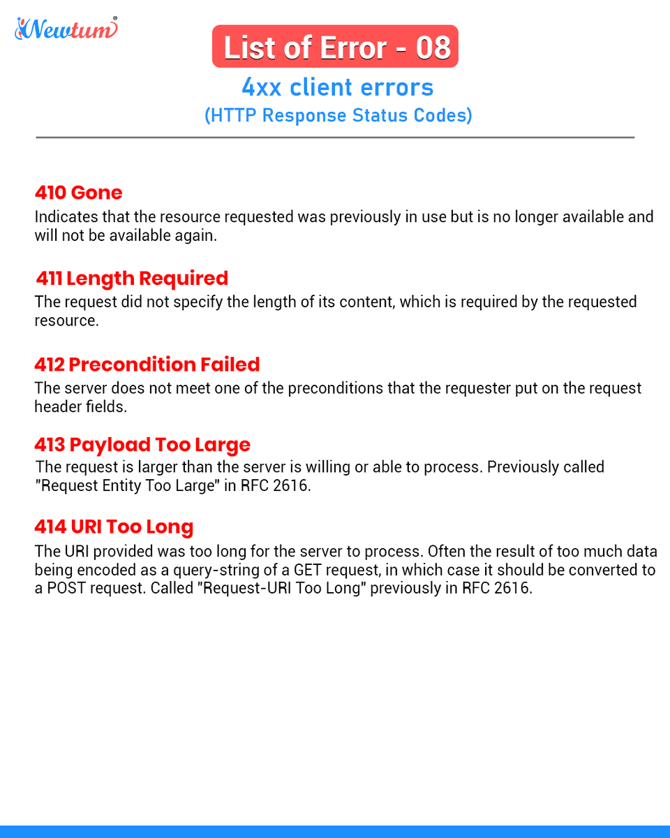 NewtumSolutions's tweet photo. Http Response Status Code 
List of error part 8
For more such error description.....
Follow  us @newtum solution 
#coder #codelife #newtum #python #html #error #htmlhacks #csstricks #codingisfun #httperror #HTML https://t.co/WAM71zLcyu