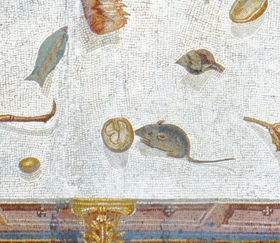 First, some context. This wonderful mosaic, once part of emperor Hadrian's Villa, and now in the #MuseiVaticani, shows a tiny mice eating a walnut, thrown on the unswept floor full of garbage... /1