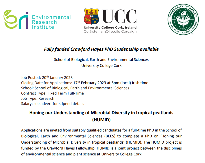 Interested in working on tropical peatlands? Check out this PhD opportunity - work with myself and the amazing @BarbaraDoylePre @raghubadmi @UCCEnvScience @uccBEESand and Prof David Beilman @uhmanoa @eriucc Travel to Hawaii included! ucc.ie/en/hr/vacancie…