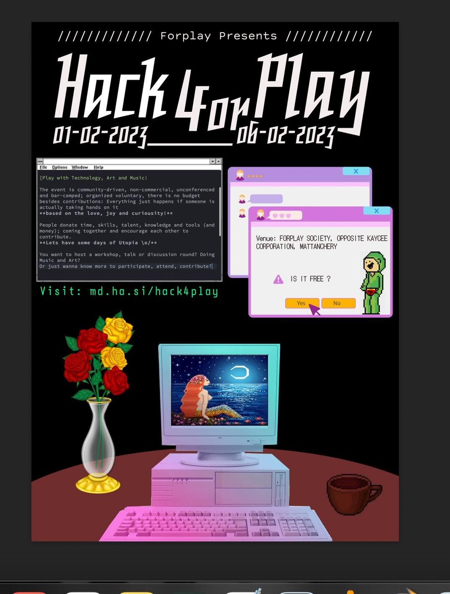 We also got a poster now \o/

Invitation &amp; Call for Participation!
md.ha.si/hack4play

hack4play in Fort Kochi, Kerala, Feb 1st-6th

forplay-society.org/2023/01/23/feb…

#kochi #biennale #kochibiennale #hack4play #kochimuzirisbiennale

#hackbeach #hillhacks
<a href="/hackbeach/">Hacking at the Beach</a> <a href="/hillhacks/">hillhacks</a>