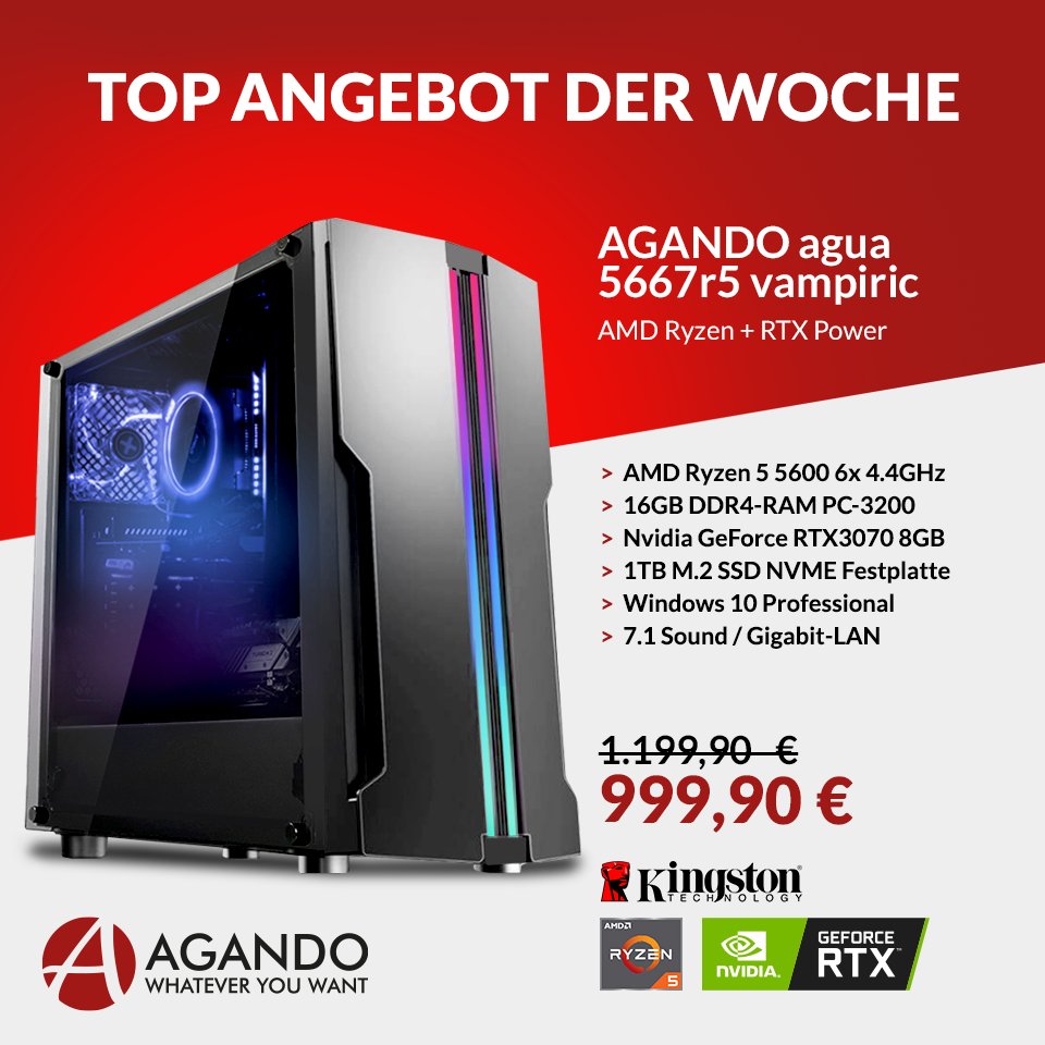 Unser neues #TopAngebot ist ab jetzt verfügbar!
bit.ly/3iXSCI0

Sichere dir deinen Gaming-PC AMD Ryzen 5 5600 6x 4.4GHz, 16GB DDR4-RAM, Nvidia GeForce RTX3070 8GB, 1TB M.2 SSD NVME, Windows 10 Pro, 7.1 Sound und Gigabit-LAN zum Angebotspreis!

#AGANDO #agandocomputer