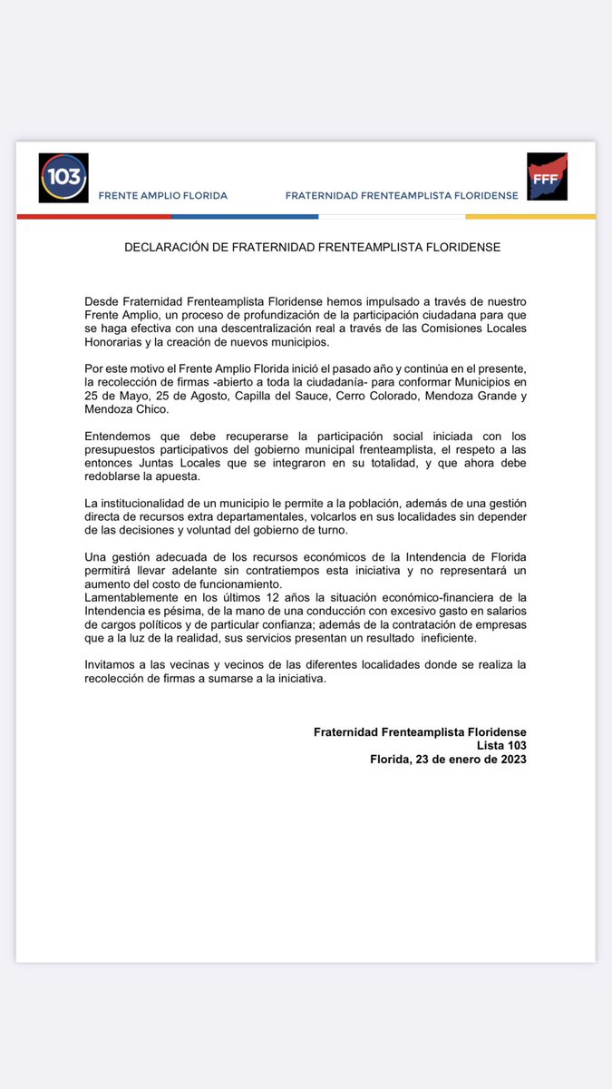 Nos ocupa y preocupa la descentralización. La verdadera participación ciudadana que no dependa del gobernante de turno. Por eso impulsamos con nuestro <a href="/fafloridauy/">Frente Amplio Florida</a> la recolección de firmas por nuevos municipios +participación +democracia