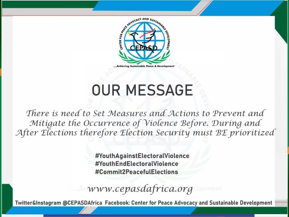 tolu_benjamin's tweet photo. There is need to set measures and actions 2 prevent nd mitigate Electoral Violence before, during nd after-elections therefore, election security must be prioritized
#YouthAgainstElectoralViolence
#YouthEndElectoralViolence
#Commit2PeacefulElection
#CEPASD
#NonviolentPeaceforce https://t.co/taAg6IDVko