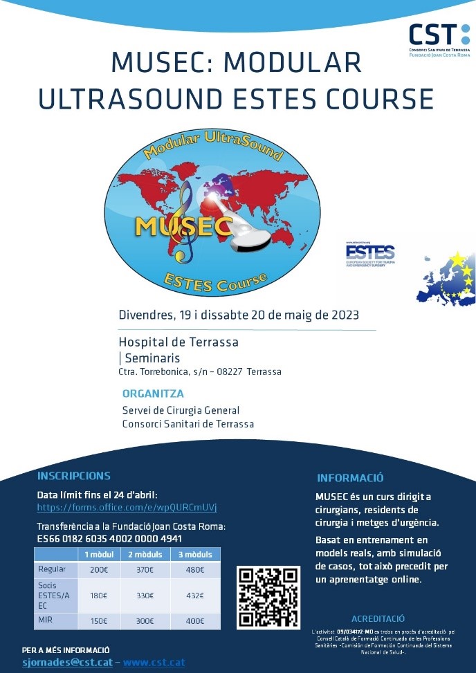 CSTerrassa's tweet photo. 📢El servei de Cirurgia General del #CSTerrassa organitza el curs Modular Ultrasound Estes Course: #MUSEC, amb l'objectiu d'aprendre la tècnica d'ecografia orientada a la cerca de la imatge patològica.
➕Informació i inscripcions a: https://t.co/pRD2ka3qzi
@estesonline @SCatCir https://t.co/SoiKkvJPjT