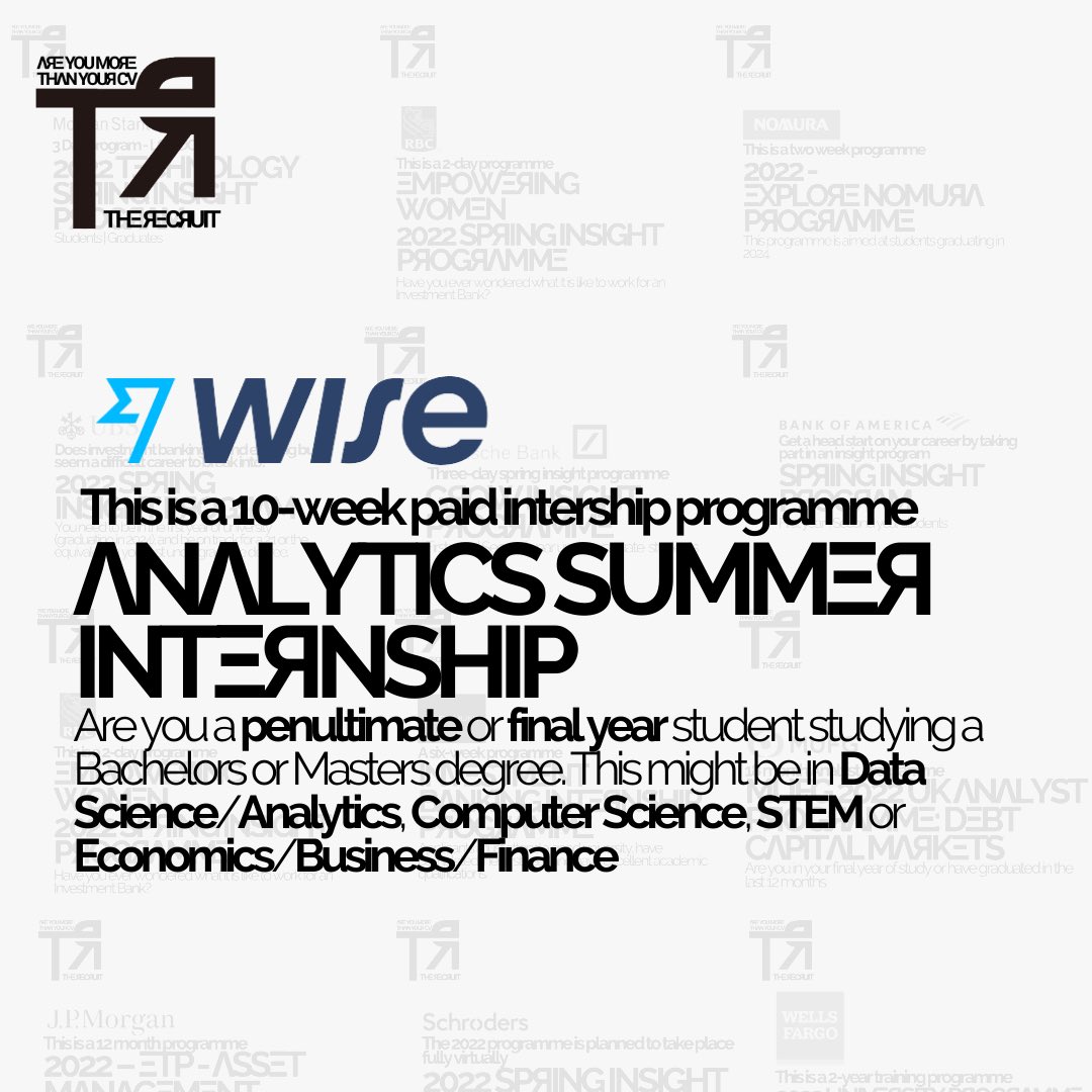 🚨 I N T Ξ Я N S H I P  Λ L Ξ Я T 🚨

Wise is one of the fastest growing companies in Europe.

We’re looking for Analyst interns to join us 

ther3cruit.co.uk/the-details-12…

#DataSciences #Analytics #ComputerSciencestudent #STEM #Economicstudent #Businessstudents #Financestudent