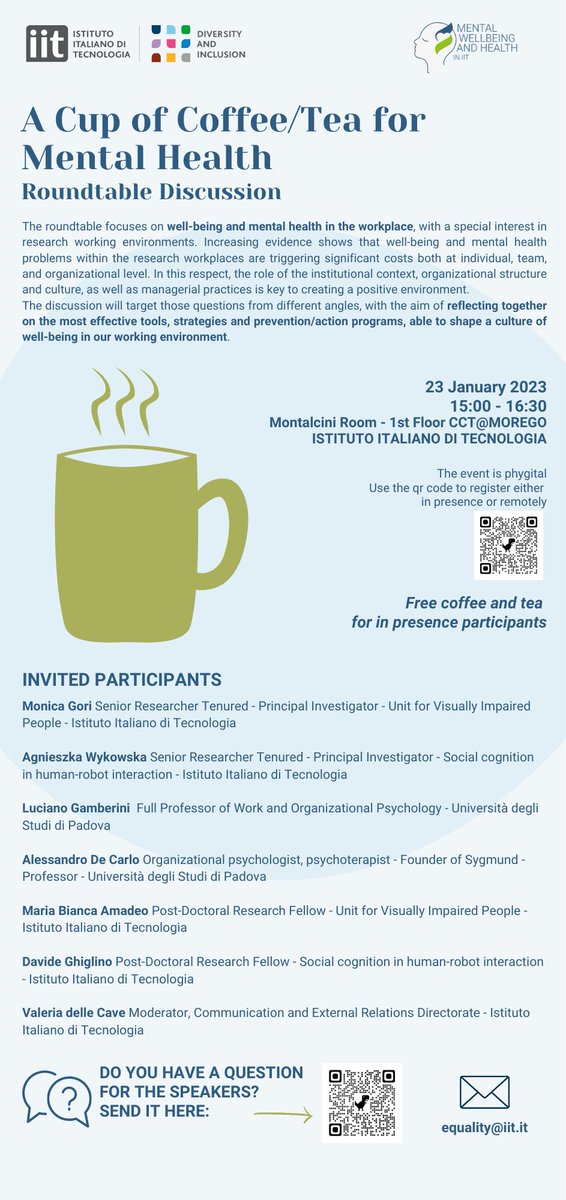 IITalk's tweet image. 👥 &quot;A cup of Coffee/Tea for #mentalhealth 

📅 today, 3pm - 4:30pm
📍CCT@MOREGO
The meeting focuses on well-being and mental health in the workplace, with a special interest in research working environments.
#wellbeing  #workingenvironment