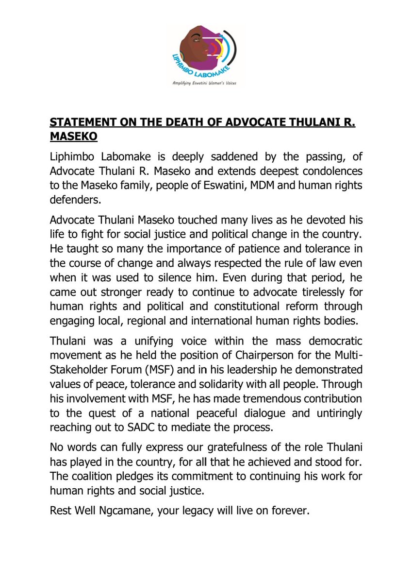 Rest in Power Advocate Thulani Maseko Our deepest sympathy goes to his family, the nation and human rights defenders during this difficult time.
