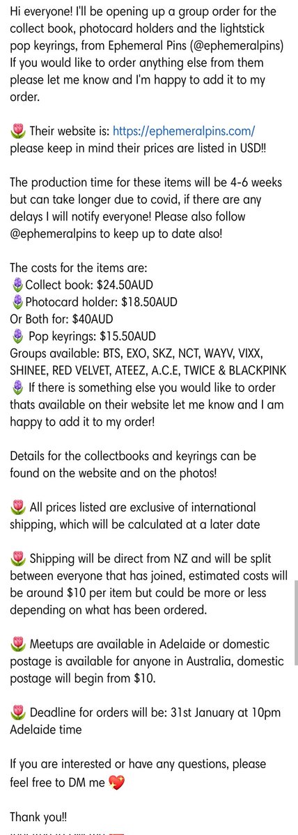 dorem1jasGOs's tweet photo. [AUS GO] @EphemeralPins SHOP MERCH

Hi everyone! Ill be opening up an Aus group order for the collect books, photocard holders and lightstick keyring pops.

All details can be found in the photo below!

Please dm me if you're interested in ordering or if you have and questions 💖 https://t.co/KEh7x8ok4P