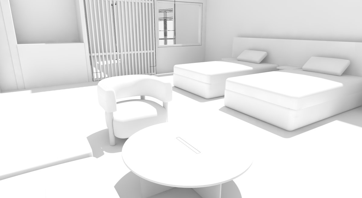 hatanao0515's tweet image. ホテル客室内のモデリング。色々試行錯誤できるのは楽しいんだけどレンダリングに時間がかかり過ぎるので取り合えず白モデルで検証したりしてる。新しいiMac miniを買おうかどうか悩み中・・・。 #vectorworks  #bim