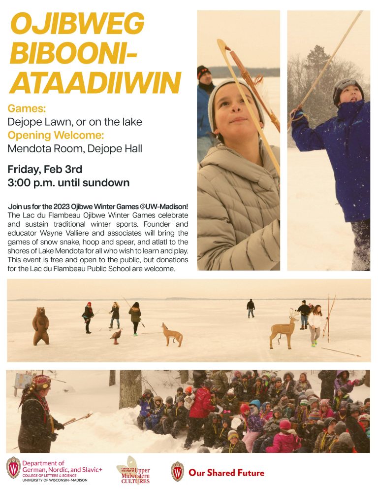 UWMadGNS's tweet image. The Ojibwe Winter Games celebrate and sustain traditional winter sports. On Friday, Feb 3, from 3pm to Sundown, stop by Lake Mendota near Dejope Lawn to play snow snake, hoop and spear, &amp;amp; more! Opening Welcome will be in the Mendota Room, Dejope Hall. gns.wisc.edu/events/2023-oj…