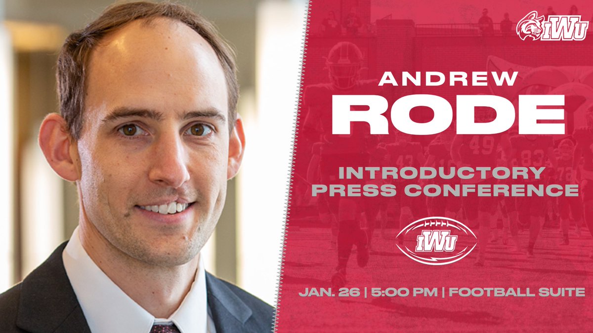 Join us this Thursday for an introductory press conference for Coach Rode! All are welcome to this special opportunity! 🏈

The event will start at 5:00PM in the football stadium suites. A meet and greet session will begin shortly before at 4:30PM

📰 IWUWildcats.com