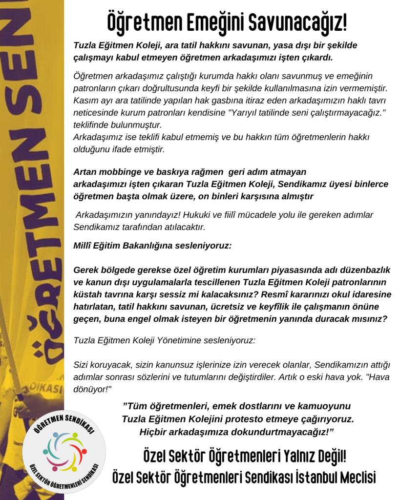 ◾ Tuzla Eğitmen Kolejinin kapısına dayanmak için harekete geçiyoruz. Özel sektör öğretmenlerinin onurlu mücadelesini savunmak için birlik olmaya çağırıyoruz. 
◾ <a href="/egitimsenist3/">Eğitim Sen İstanbul 3</a> <a href="/egitimsenist8/">egitimsen istanbul8</a> <a href="/egitimsenist/">Eğitim Sen İstanbul 5</a> <a href="/egitimsen7/">Eğitim Sen İstanbul 7</a> <a href="/Egitimsenist1/">Egitim Sen İstanbul 1 Nolu Şube</a> <a href="/Egitim_iS_ist1/">Eğitimİş İstanbul 1 Nolu Şube Resmi Hesabı</a> <a href="/egitimis_4/">Eğitimişİst4noluşube</a> <a href="/egitimisist2/">Eğitim-İş İstanbul 2</a>