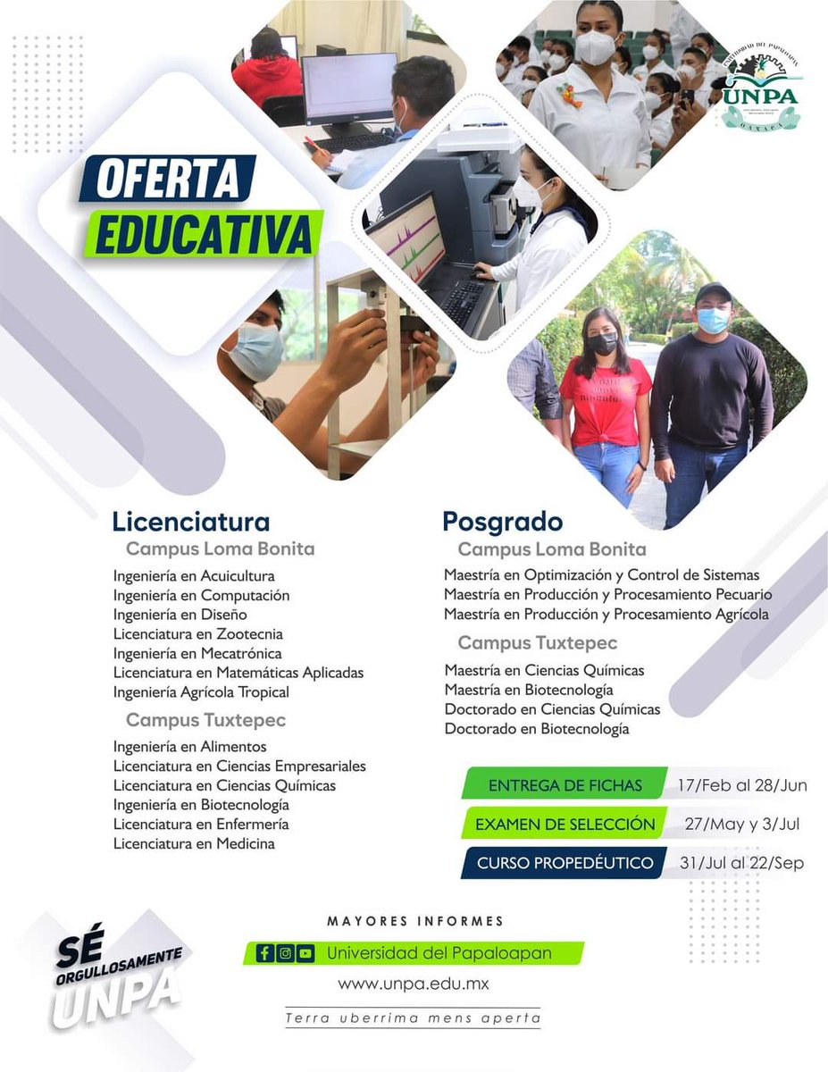 ¿Aún no elijes que estudiar? 💁‍♀️
Consulta las carreras que tenemos para tí 😉💚
unpa.edu.mx/ensenanza.html…

<a href="/UNPA_SUNEO/">UNPA SUNEO</a> <a href="/Posgrado_UNPA/">Posgrado Universidad del Papaloapan</a>