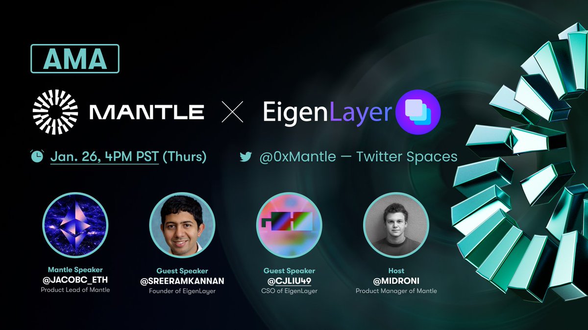 Mantle (@mantle_official) on Twitter photo Join us at our next AMA on how Mantle's decentralized data availability layer works!
🤝 Hear from <a href="/jacobc_eth/">jacobc.eth</a> and <a href="/midroni/">Cooper Midroni</a> of <a href="/0xMantle/">Mantle Network</a> and <a href="/sreeramkannan/">Sreeram Kannan</a> and @CJLIU49 of @EigenLayer
🗓️ Jan. 26, 4PM PST (12AM UTC)
📍 Tag your questions with #BuildonMantle in the replies. Join us at our next AMA on how Mantle's decentralized data availability layer works!
🤝 Hear from <a href="/jacobc_eth/">jacobc.eth</a> and <a href="/midroni/">Cooper Midroni</a> of <a href="/0xMantle/">Mantle Network</a> and <a href="/sreeramkannan/">Sreeram Kannan</a> and @CJLIU49 of @EigenLayer
🗓️ Jan. 26, 4PM PST (12AM UTC)
📍 Tag your questions with #BuildonMantle in the replies.