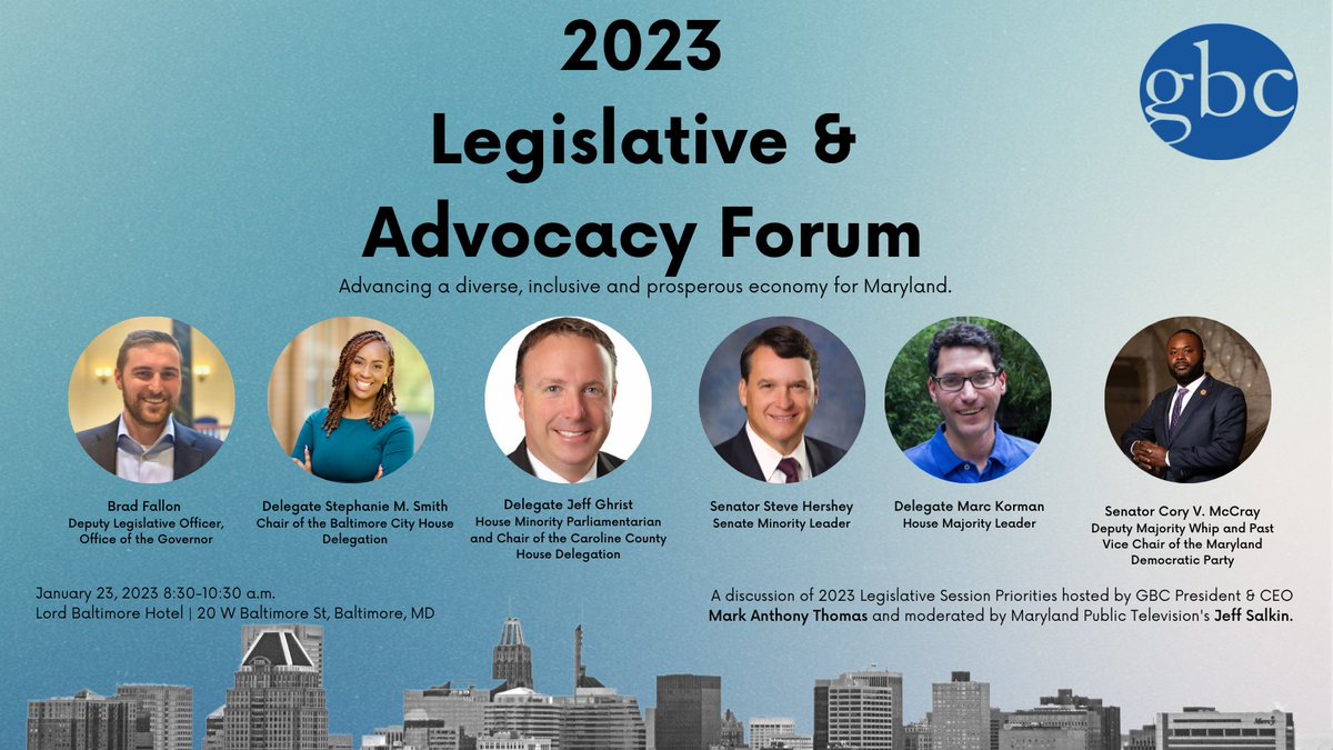 Thank you to everyone who attended today’s 2023 Legislative &amp; Advocacy Forum! An additional thank you to our esteemed speakers and event sponsors 👏 <a href="/ATT/">AT&T</a> <a href="/MyBGE/">BGE</a> <a href="/comcast/">Comcast</a> @Mdlobbyist <a href="/MDTEDCO/">TEDCO</a> <a href="/umms/">University of Maryland Medical System</a> 

➡️View the GBC’s 2023 legislative priorities: bit.ly/3D2ADH0