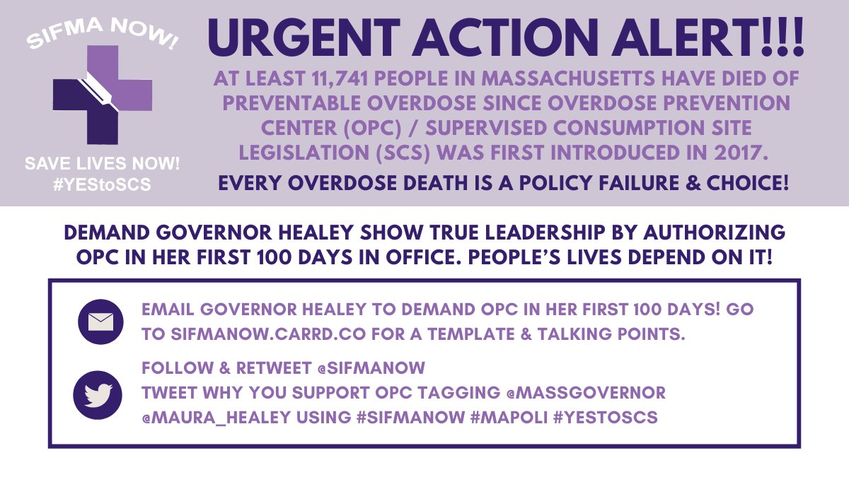 💜URGENT ACTION ALERT!💜

Join us in demanding @MassGovernor  say
#YestoSCS to save lives NOW!

Demand @maura_healey issue an executive order authorizing Overdose Prevention Centers (OPC) in her 1st 100 days to ⬇️ PREVENTABLE #overdose deaths in #mapoli 

sifmanow.carrd.co