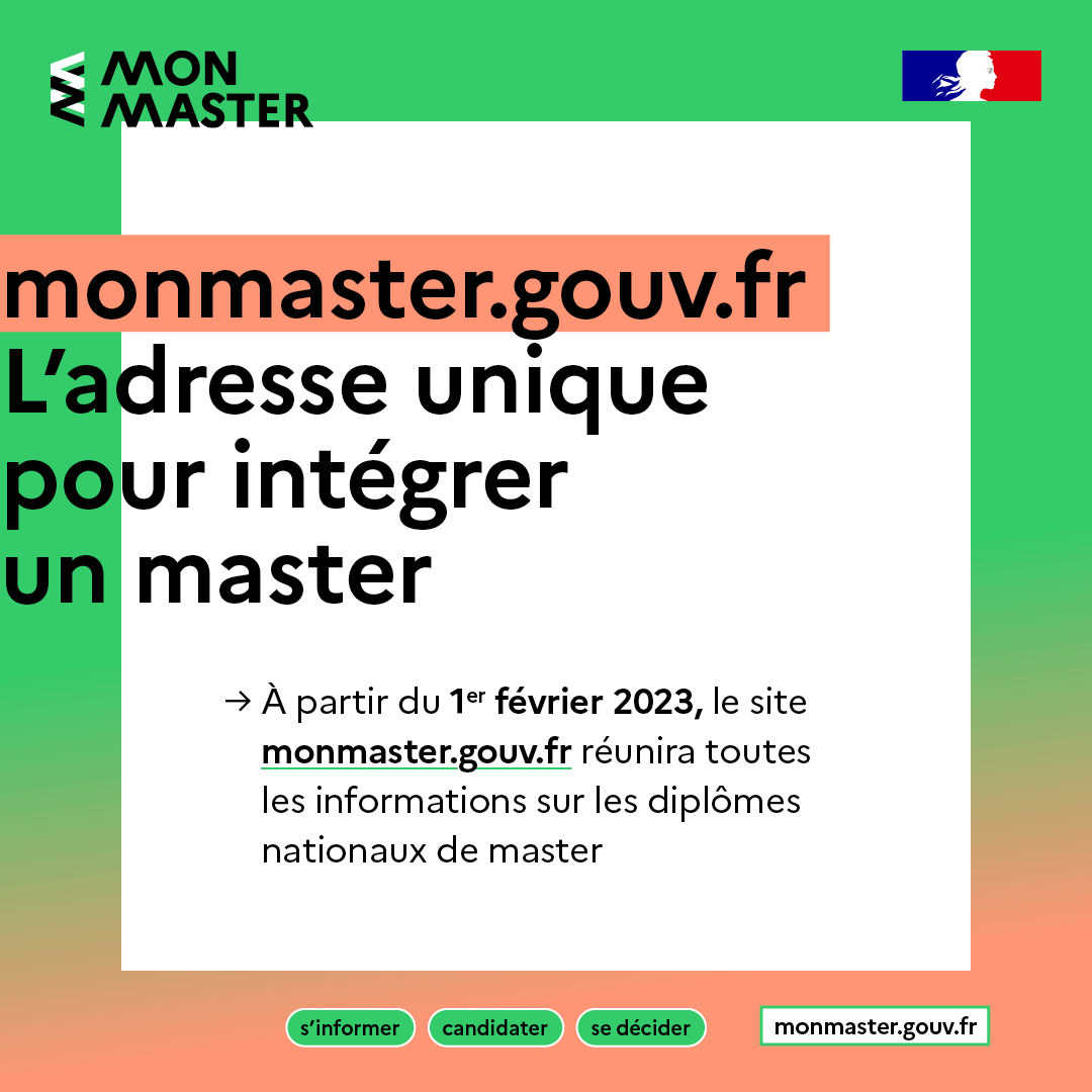 [ORIENTATION]
À partir du mois de mars 2023, le dépôt des candidatures en première année de master s'effectue sur la plateforme de recrutement et de candidature "Mon Master". 💻
  univ-cotedazur.fr/monmaster-gouv…

<a href="/sup_recherche/">Ministère Enseignement supérieur/Recherche/Espace</a>