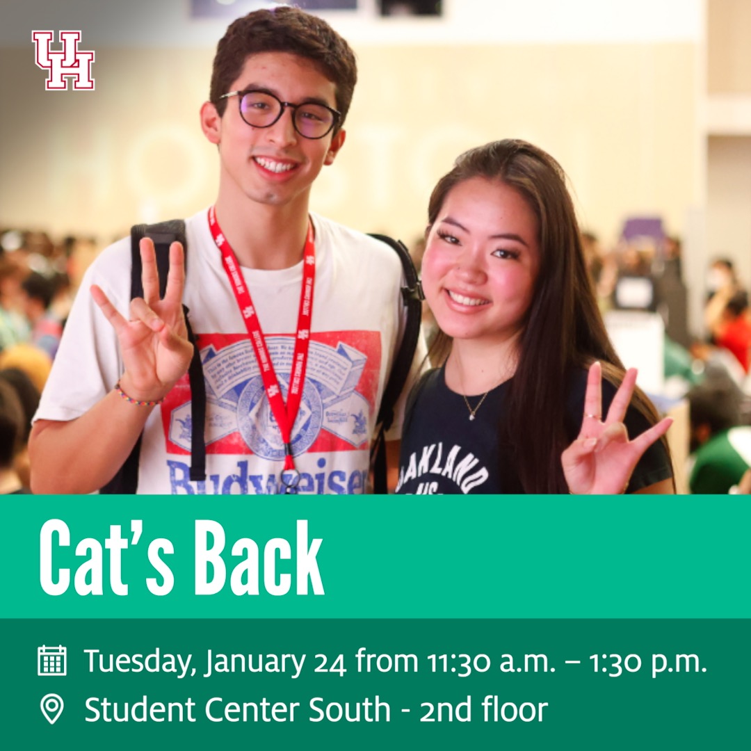 UHouston's tweet photo. Join us for Cat’s Back where you can connect with hundreds of student organizations and also get a free shirt, food and other giveaways! https://t.co/vQgU9bjgQh