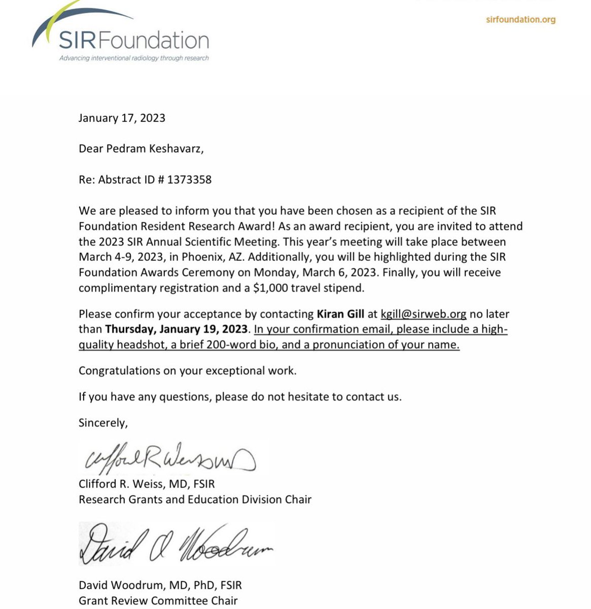 I'm thrilled and humbled to have won the 2023 #SIRFoundation Research Award, and  I would like to extend a special thanks to My mentor Dr. @StevenSRaman_MD for his visionary leadership and support. #SIR23 #SIR2023 @SIRspecialists @JVIRmedia @RadiologyUcla @uclaVIR @IDx_UCLA
