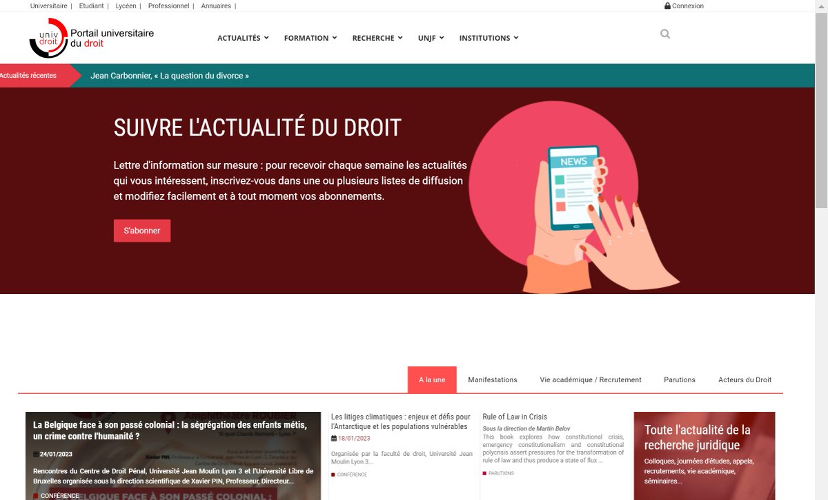 Une nouvelle version du portail <a href="/univ_droit/">Univ-Droit</a> vient d'être mise en ligne. Menus plus clairs, nouvelles rubriques, présentation des formations améliorée, accès plus rapide : les nouveautés sont à découvrir ici : univ-droit.fr