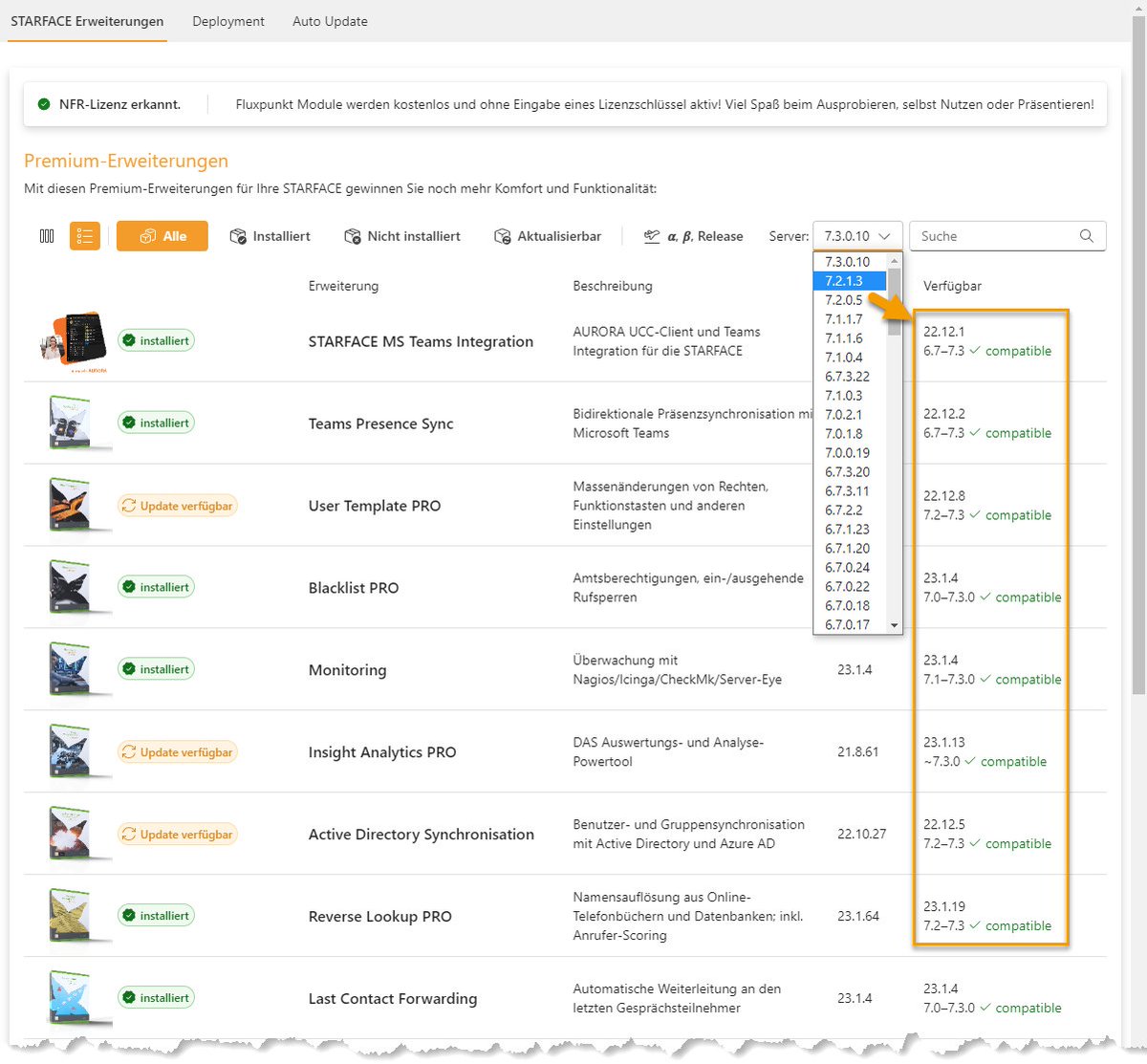 fluxpunkt's tweet image. #ModuleManager für #STARFACE enthält künftig einen Update-#KompatibilitätsCheck:
Vor einem STARFACE-Update kann für die installierten Module geprüft werden, ob diese mit der zukünftigen STARFACE-Version kompatibel sind und ob Updates verfügbar sind.
wiki.fluxpunkt.de/display/FPW/Mo…