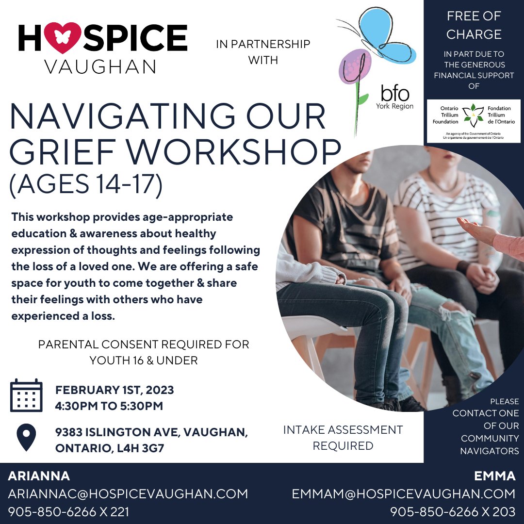 Hospice Vaughan and Bereaved Families of Ontario-York Region, are offering a free workshop for youth ages 
14-17 called Navigating our Grief Workshop. See picture ⬇ for registration details: 
@YRDSB #yrdsb #MHyrdsb @YRDSB_SS @HospiceVaughan @bfoyr