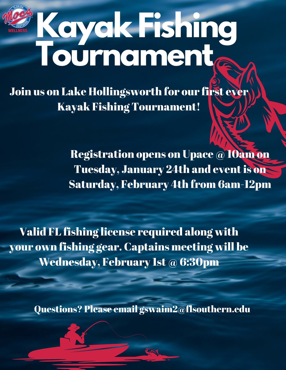 Join us for our first-ever kayak fishing tournament! Registration opens @10am on Tuesday, January 21st and the event is on Saturday, February 4th, from 6 am-12 pm. A valid fishing license and your own fishing gear are required.