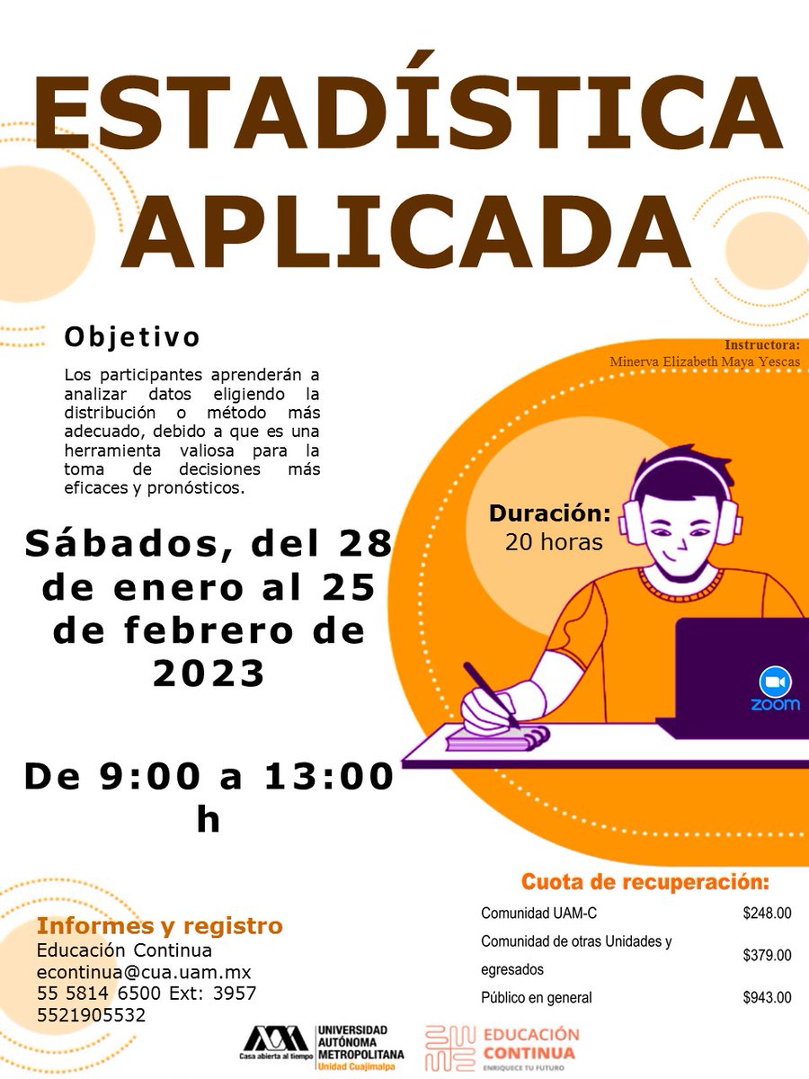 lauammx's tweet photo. Taller: Estadística aplicada
.
🗓 ENERO 28 A FEBRERO 25
⌚ SÁBADOS, DE 9:00 A 13:00 HRS.
📧 Informes y registro: econtinua@cua.uam.mx
📲 WhatsApp: 55 2190 5532
📲 Teléfono: 55 5814 6500 Ext. 3957
📍 Unidad Cuajimalpa
.
#UAM #SoyUAM
#UAMCuajimalpa
#UAMInstructiva https://t.co/rsLkoep2b5
