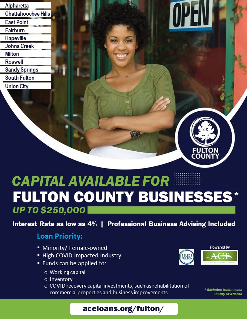 ACECapitalGA's tweet photo. Small businesses in the following Fulton County cities can apply for affordable small business loans from ACE | Access to Capital for Entrepreneurs up to $250,000.
For details, visit https://t.co/KLXDLHdTWs. Not eligible? Tell a friend!
#acecdfi #aceclients #fultoncounty https://t.co/uRBOrPH7mv