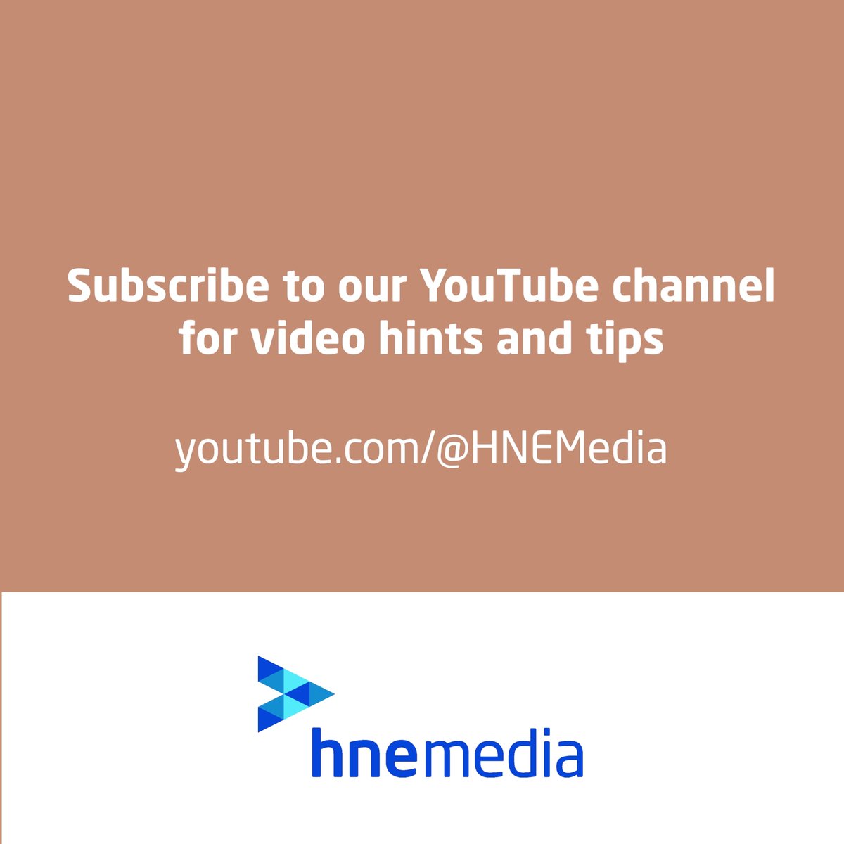 You can see our latest client videos and get helpful video making hints and tips from our Trainer James on our YouTube channel. 

Subscribe for future updates and fresh content. 

youtube.com/@hnemedia