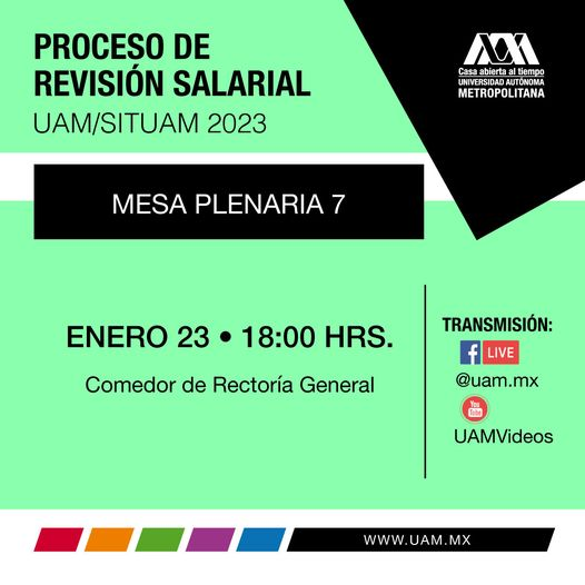 📣Proceso de revisión salarial UAM / SITUAM 2023
➡️ Mesa plenaria 7
🗓️ Enero 23, 18:00 hrs.
📍 Comedor de la Rectoría General
¡Sigue la transmisión!
Facebook Live: UAM Universidad Autónoma Metropolitana
YouTube: UAMVideos
.
#UAM #SoyUAM #UAMComunicativa