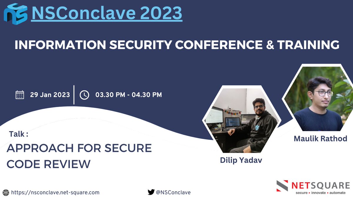Let's spot the #vulnerabilities together with our speakers of the event - <a href="/dilipyadav1234/">Dilip yadav</a>  &amp; <a href="/_maulikrathod/">Maulik Rathod</a>  on the Approach for Secure Code Review. 

#NSConclave2023 #Conference #CyberSecurity #SecureCodeReview

🌐For more info: nsconclave.net-square.com/source-code-re…