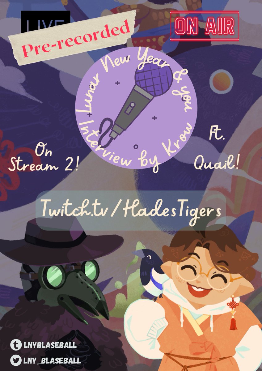 Bzzt! Who's that over the radio waves?

Catch <a href="/Lokrow/">Krow - Commissions open! - 👁‍🗨🎼</a> &amp; @bweeball as they talk about celebrating the Lunar New Year! They'll be on our Twitch stream on January 28 8pm UTC, starting at 11 pm UTC! 

While waiting, check out Maincord for games &amp; prizes! Poster by <a href="/Lokrow/">Krow - Commissions open! - 👁‍🗨🎼</a>