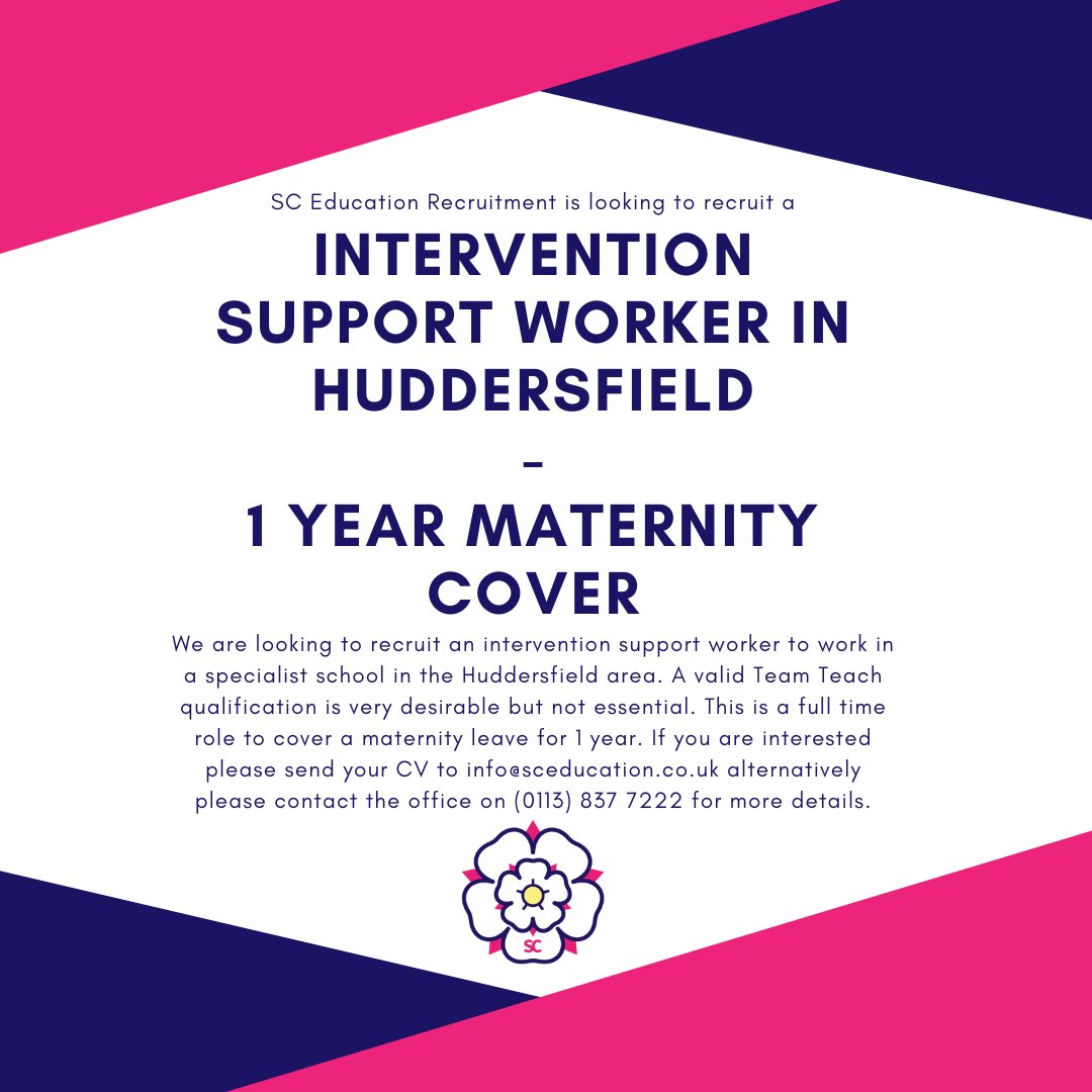 1 year maternity contract. £90-£100 per day. Team Teach is very desirable but not essential.

#SCEducationRecruitment #EducationRecruitment #HuddersfieldJobs #SchoolJobs