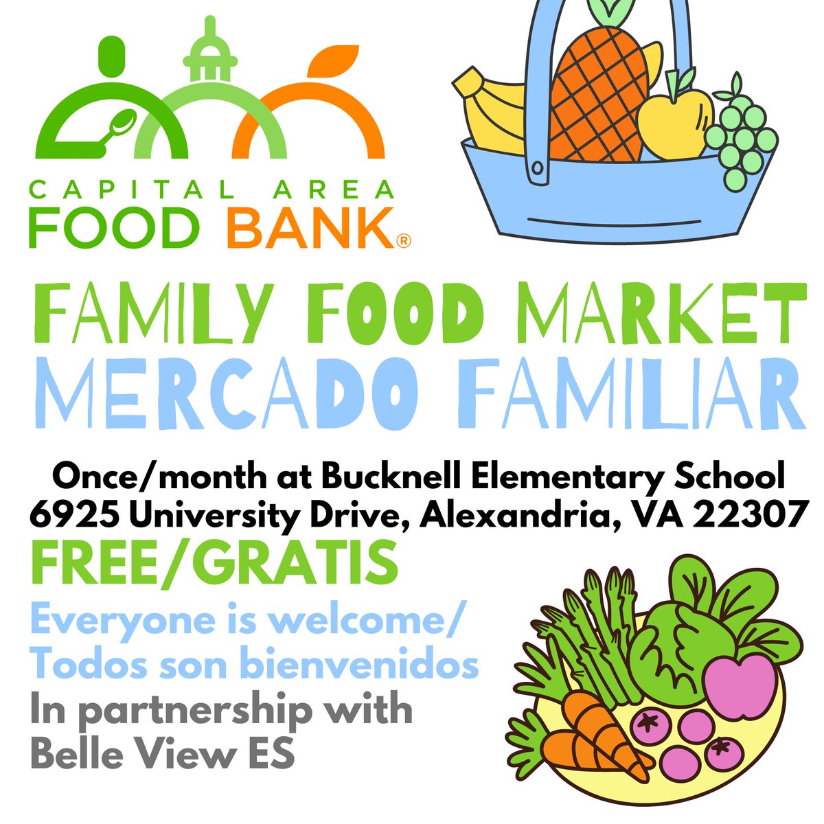 📣 Our next FREE Family Food Market is this Wednesday, 1/25 at 11:00AM at Door #9 of <a href="/BucknellElem/">Bucknell Elementary</a>. Come &amp; collect FREE groceries courtesy of <a href="/foodbankmetrodc/">Capital Area Food Bank</a> in partnership with our friends <a href="/BelleViewES/">Belle View ES</a>! Please RT, West Po pyramid friends! 🔺 #BucknellStrong 💙🤍