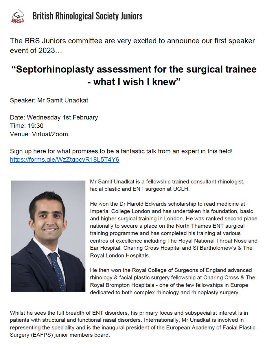 We are very excited to announce our first speaker event of 2023...

"Septorhinoplasty assessment for the surgical trainee"

Mr Samit Unadkat
Weds 1st February, 7.30pm

Sign up here for what promises to be a fantastic talk from an expert in this field!
forms.gle/WzZtqpcyR18L5T…