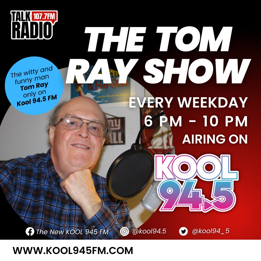 TalkRadio1077's tweet photo. Get ready to be entertained! Save your weekday nights to the witty and funny man, Tom Ray airing only on Kool 94.5 FM. 🤣🎙️

Catch him live every weekday from 6 PM to 10 PM! 📻 Stream it online at https://t.co/9hRowZhbqg

#thetomrayshow #tomray #radio #radioshow #radioshowhost https://t.co/PLEoj9fYQW