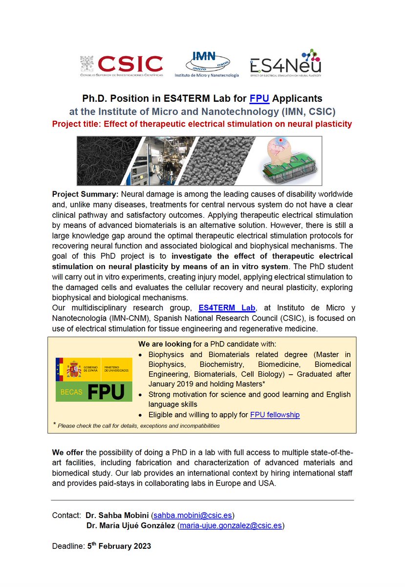 📢We have #PhDpositions available for #FPU applicants who want to do PhD <a href="/CSIC/">CSIC</a> <a href="/ImnCsic/">Instituto de Micro y Nanotecnología (IMN-CNM,CSIC)</a> #Spain! 
Check it out! 👇👇