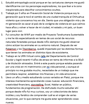Como ejercicio de #Storytelling, elegí los 5 puntos más importantes de mi curriculum y les agregué un dato personal de lo que estaba viviendo en ese momento en mi vida o las razones de por qué tomé esa decisión:

#Crehana #Storytelling #curriculum