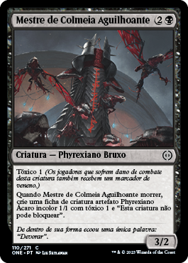 These are my official previews for Phyrexia: All be One

card 1: Creature - Phyrexian insect
flying, toxic 1.

card 2:
tap: add 1 mana of any color.
corrupted: when it becomes tapped, each opponent with 3 or more poison counters loses 1 life.

cards 3 and 4 on the next comment