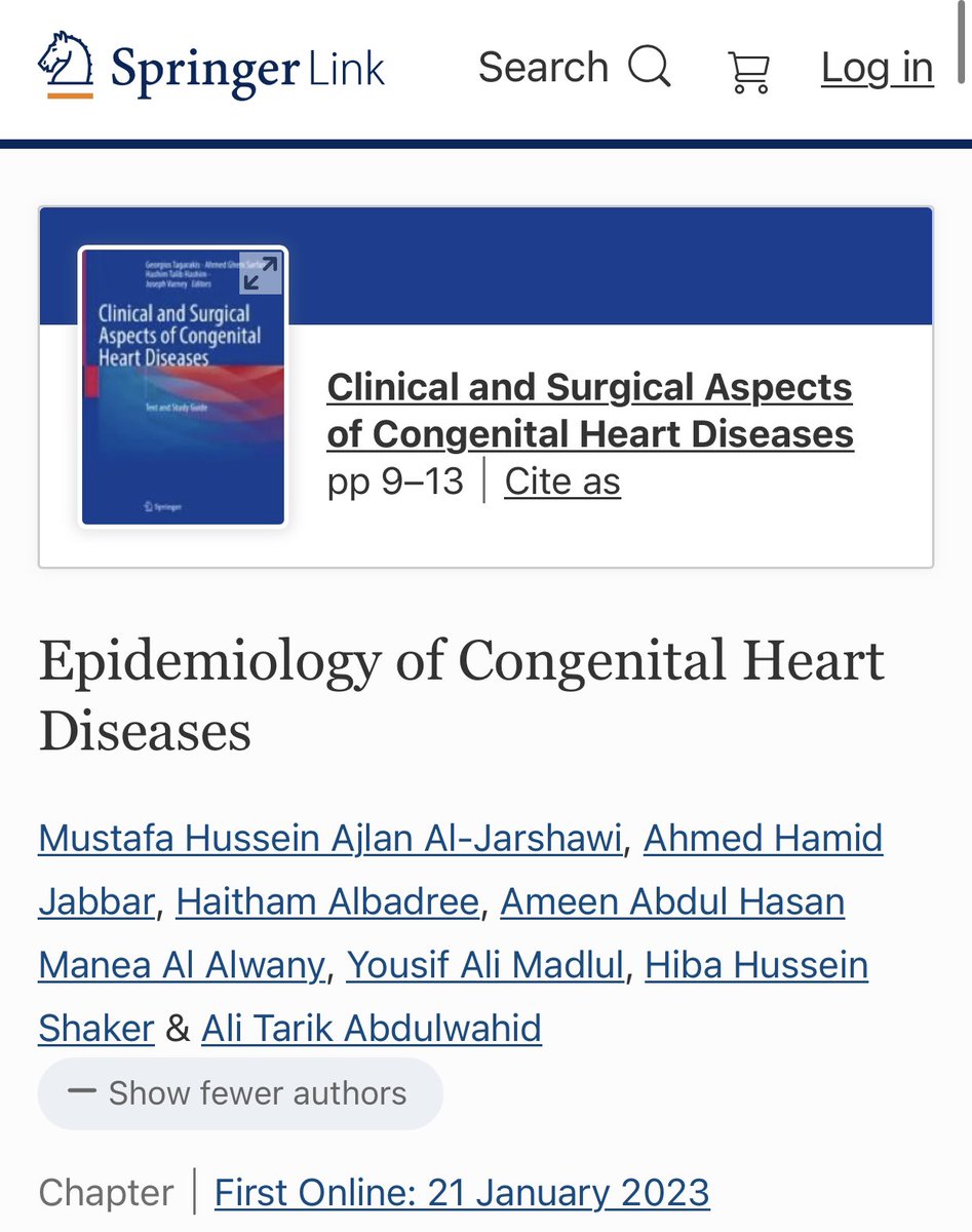 Our #book #chapter discussing the Epidemiology of #CongenitalHeart Diseases (CHDs) has been published by Springer’s as part of “#clinical and #surgical aspects of #CHDs: a textbook and study guide”. Available here link.springer.com/chapter/10.100… #MedTwitter  #Cardiology #interventional