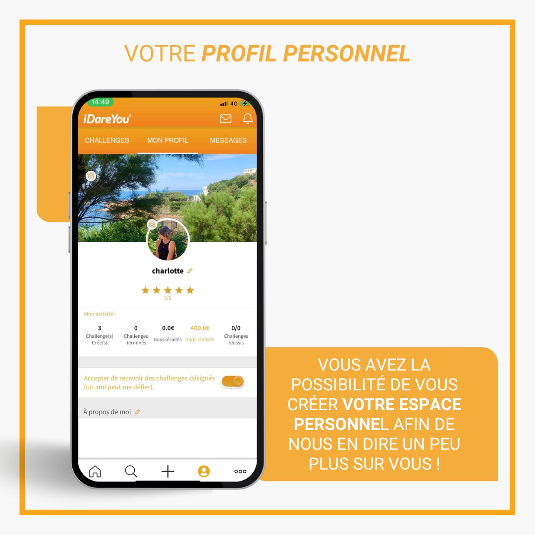 iDareYou_app's tweet photo. 🤳Votre profil personnel 🤳

L'application vous propose un espace qui vous est entièrement dédié.
C'est ici que se rassemblent toutes vos actions et votre parcours sur notre application mobile !

#profilpersonnel #iDareYou #application #challenge #don #startup #défi #association https://t.co/XzvSBQi4o7