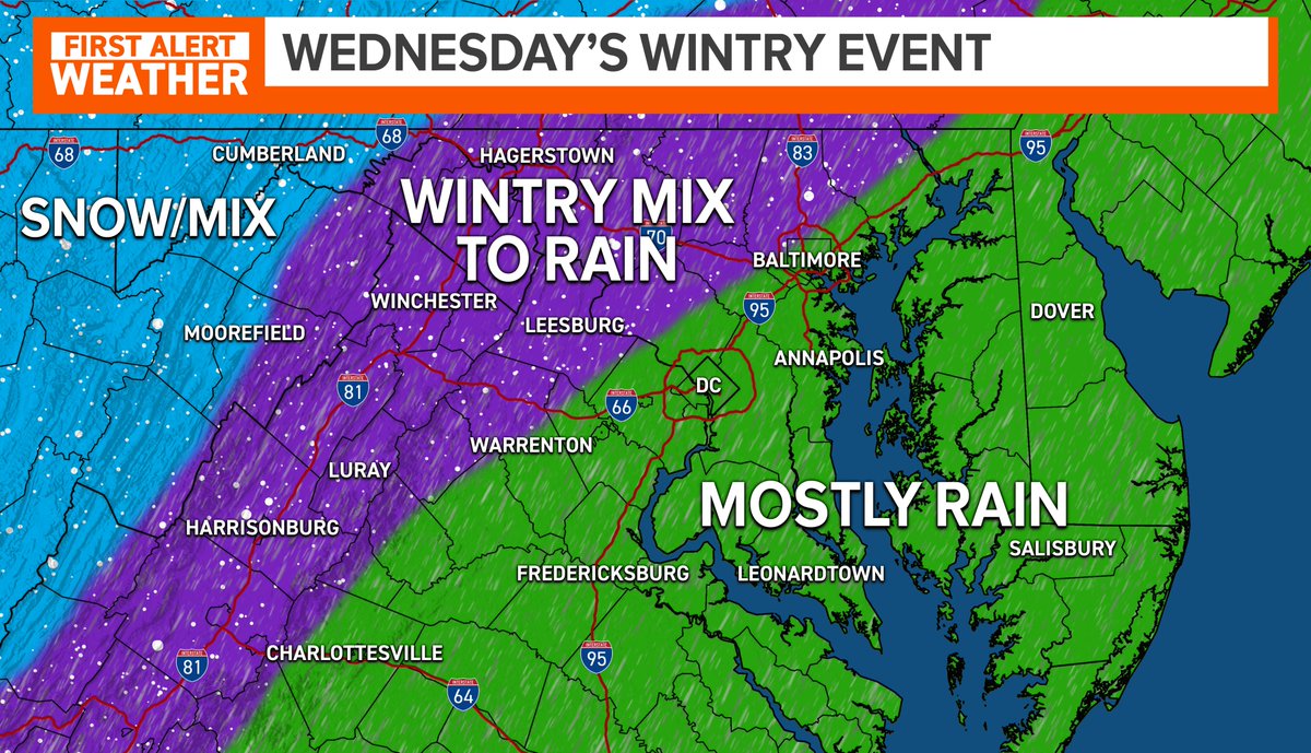 AdamMooreWX's tweet photo. If you thought winter was over, well guess again because we're keeping an eye on Wednesday morning. Parts of our region could start as a mix of snow and sleet that unfortunately changes to rain by midday/early afternoon. Light accumulations of snow/sleet are possible. #MWeather https://t.co/1328PprAF0
