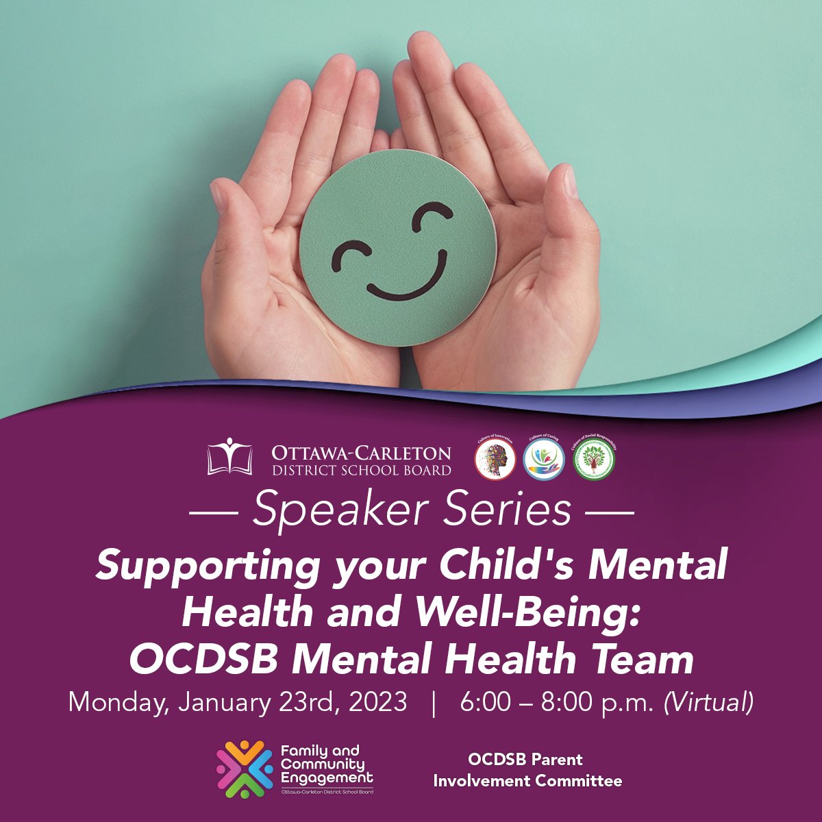 Tonight: Join us at 6:00 p.m. for "Supporting your Child's Mental Health and Well-Being", a webinar with the OCDSB's Mental Health Team. There is no need to register - just follow this link to attend. ow.ly/GfuR50MwxjH